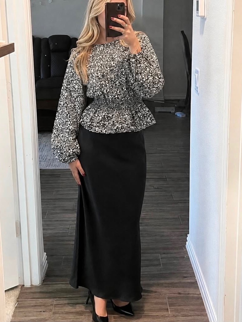 a new day Black Maxi Skirt with Floral Peplum Top